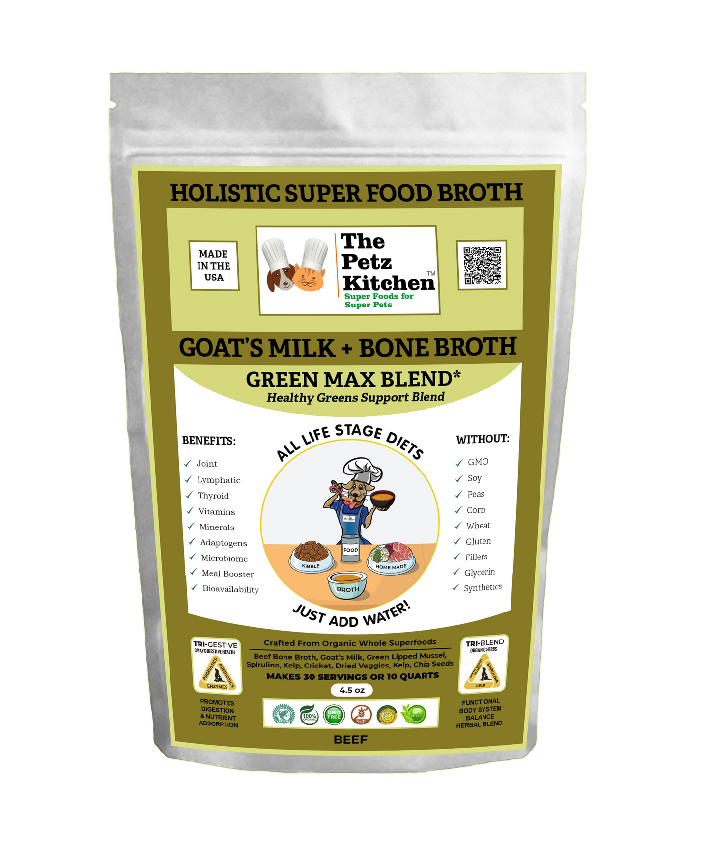 Natura Petz Organics - Goats Milk + Bone Broth Green Max Blend* Omega 3 & 6 Vitamin & Mineral Support* the Petz Kitchen Dog & Cat
