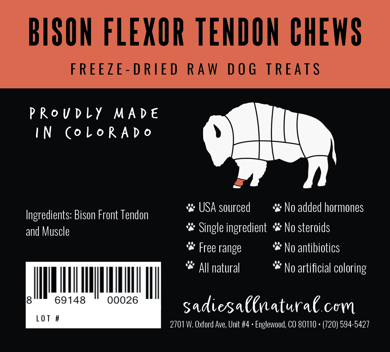 Sadie's All Natural Pet Treats - BISON Flexor Tendon