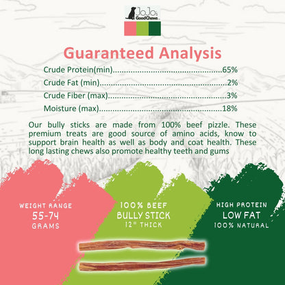 Jojo Modern Pets - Natural Beef Bully Stick Dog Treats - 12" Thick (25/Bag)